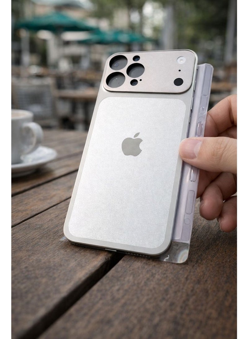 Full Conversion & Protection Skin for iPhone 15 Pro Max to iPhone 17 Pro Max Look - Natural Titanium Back Sticker, Camera Cover & Side Films - Image 4